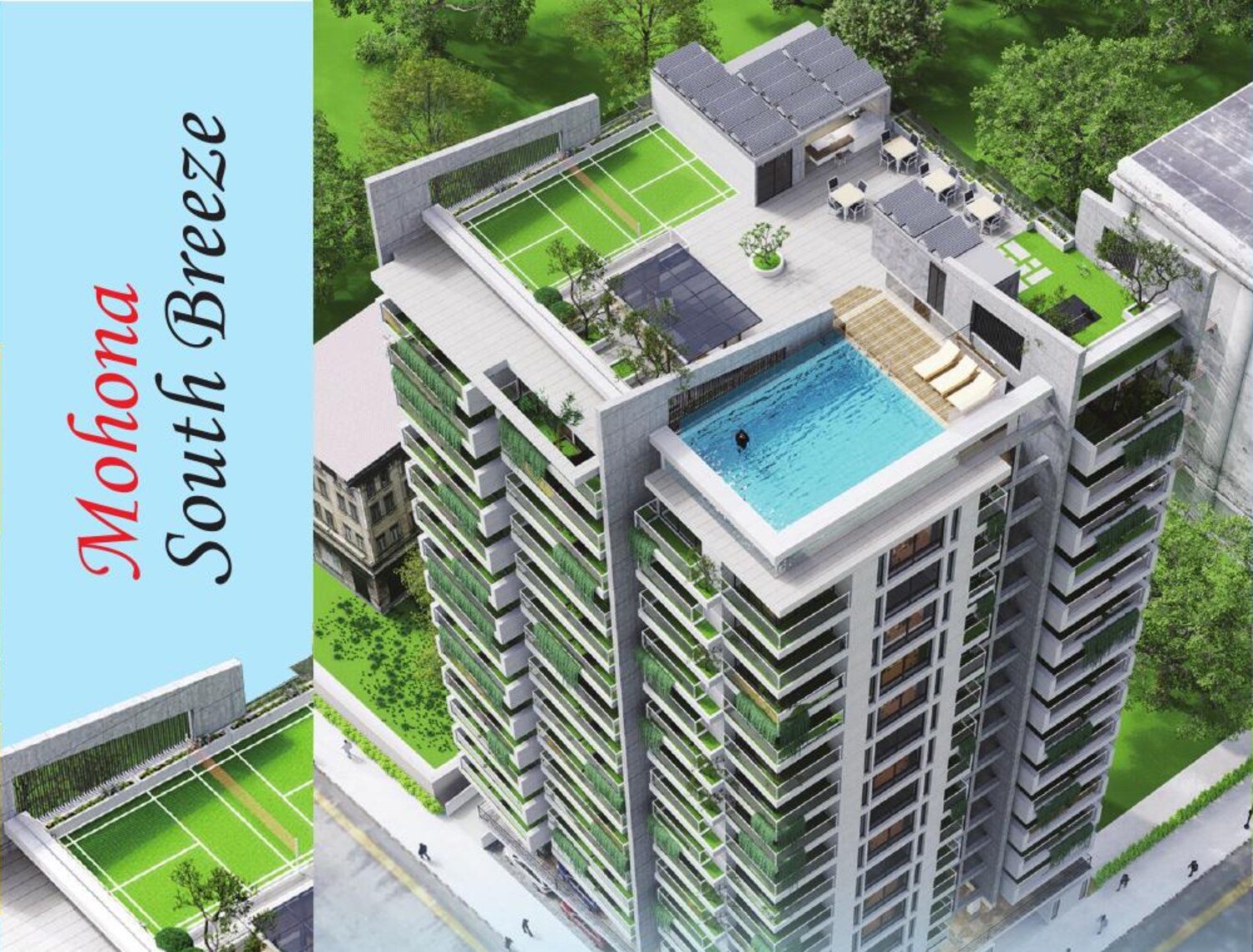 Architectural concept rendering of South Breeze, with landscaped balconies and a rooftop leisure area